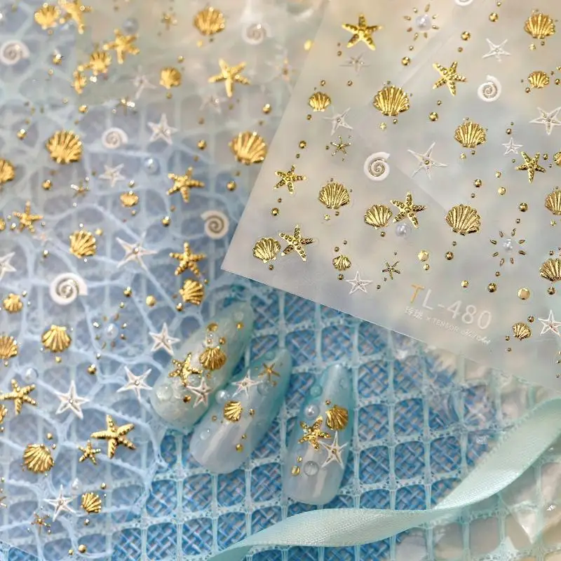 5D Waterproof Embossed Nail Stickers Gold Stamped Conch Starfish Pearl Shell Design for Swimming Manicure Use