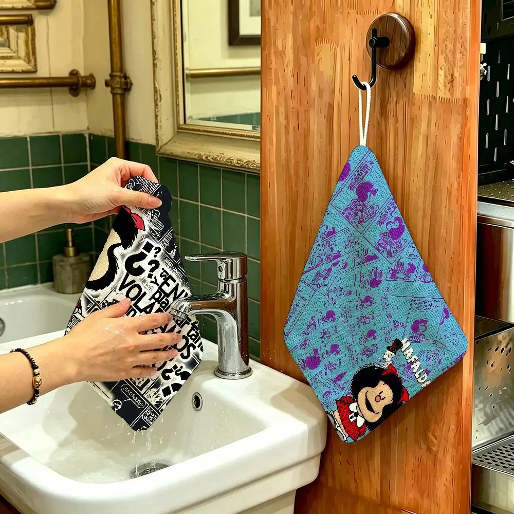 M-Mafalda Girl Thickened Polyester Cotton Hanging Towel, High Absorbent Hand Wiping Towel for Indoor Use