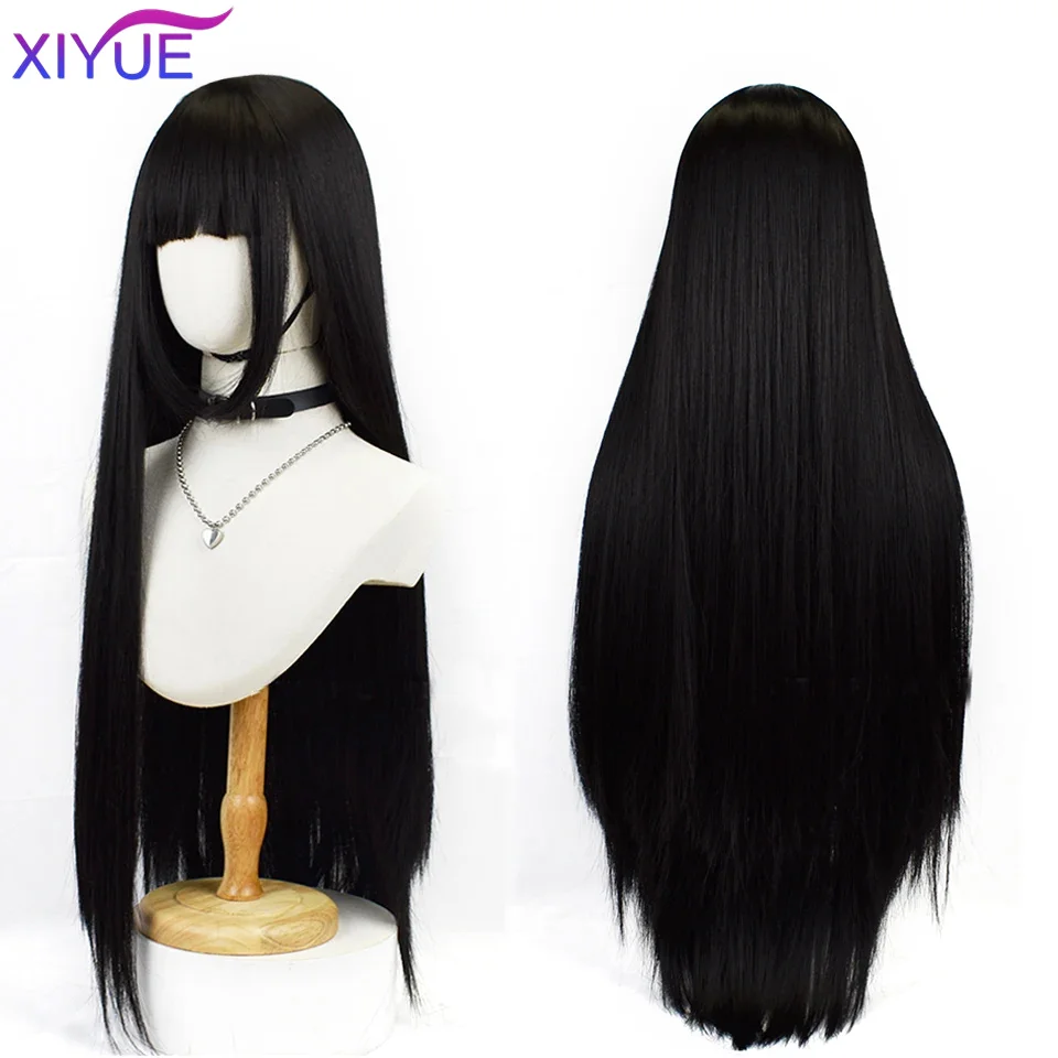 Long Straight Black Synthetic Wigs Natural Dark Hair Wig with Blunt Bangs for Women Daily Party Princess Cut Hair Heat Resistant