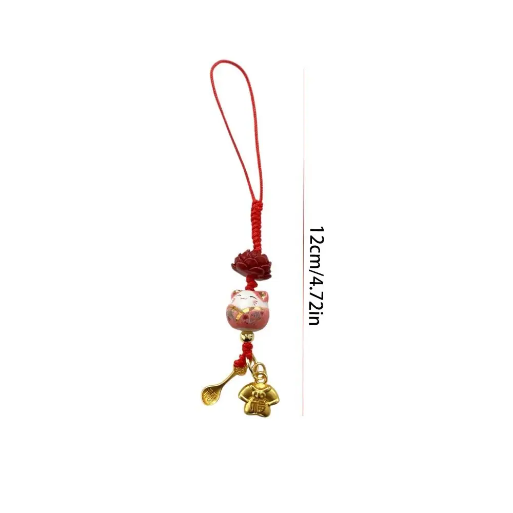 Cartoon Maneki Neko Key Chain Ceramic Ornament Lucky Cat Phone Charm Phone Lanyard Fortune Lucky Cat Phone Strap Phone Accessory