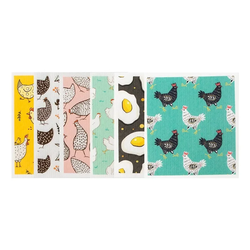 

6Pcs/pack Cartoon Chicken Printed Wood Pulp Cotton Dishcloth Oil Resistant Kitchen Cleaning Cloth Scouring Pads Cleaning Tool