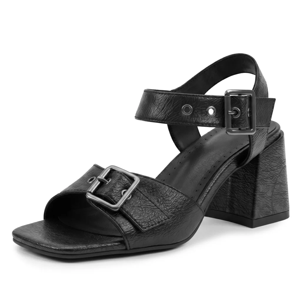 Women Square Toe Double Buckle Block Heel Sandals 7cm Ankle Strap Party Shoes 33-54 Large Size M-129