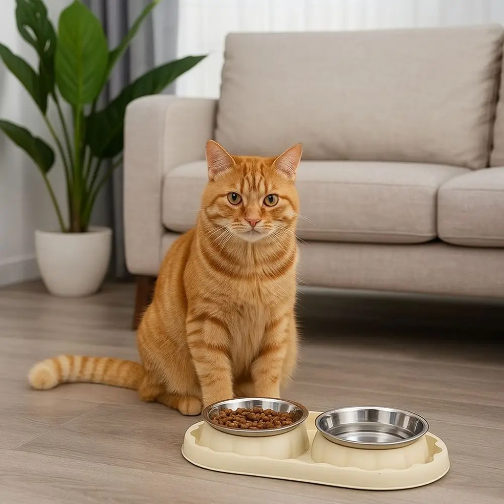 

Stylish Stainless Steel Double Pet Bowl Leakproof Anti-slip Pet Food Bowl Anti Topple Dog Food Dispenser Pet Shop