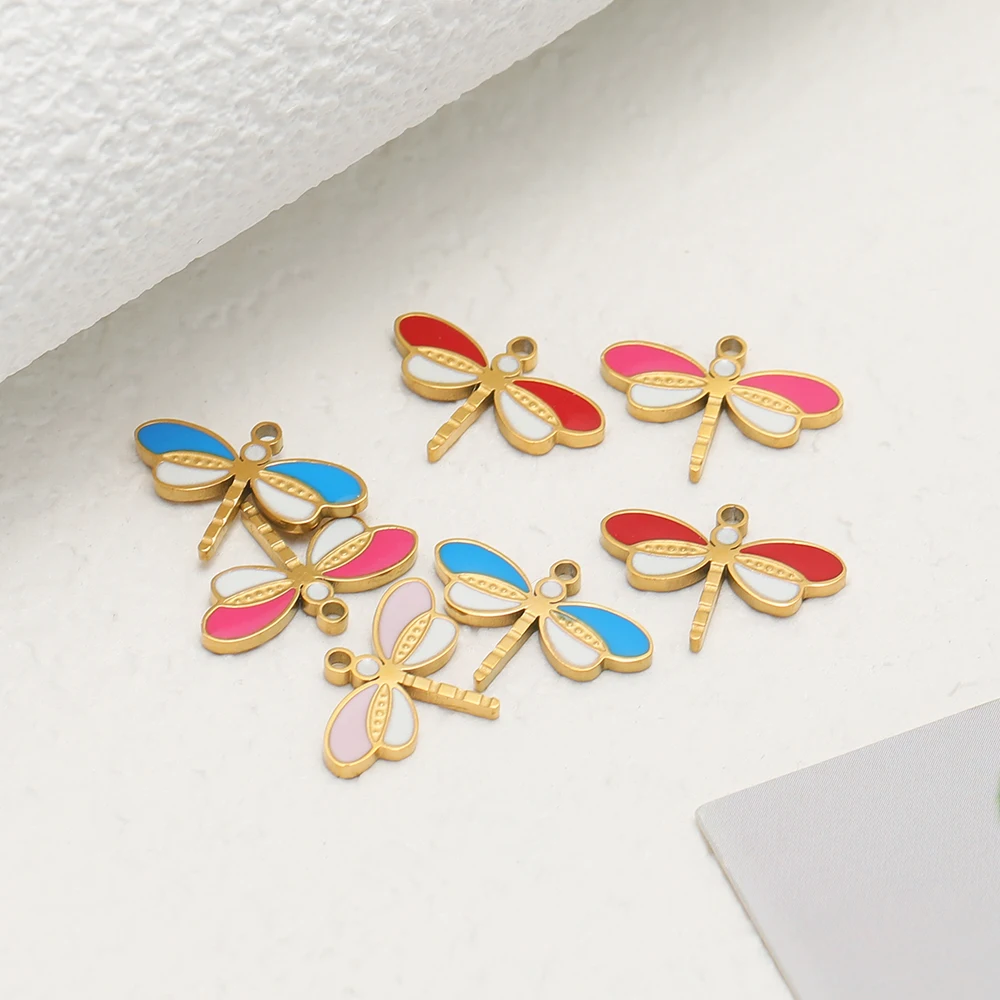 5 Stück Edelstahl-Charms mit niedlichen Libellen-Motiven aus Emaille für DIY-Schmuckherstellung: Halsketten, Anhänger, Armbänder, Ohrringe für Mädchen. – Detail 4