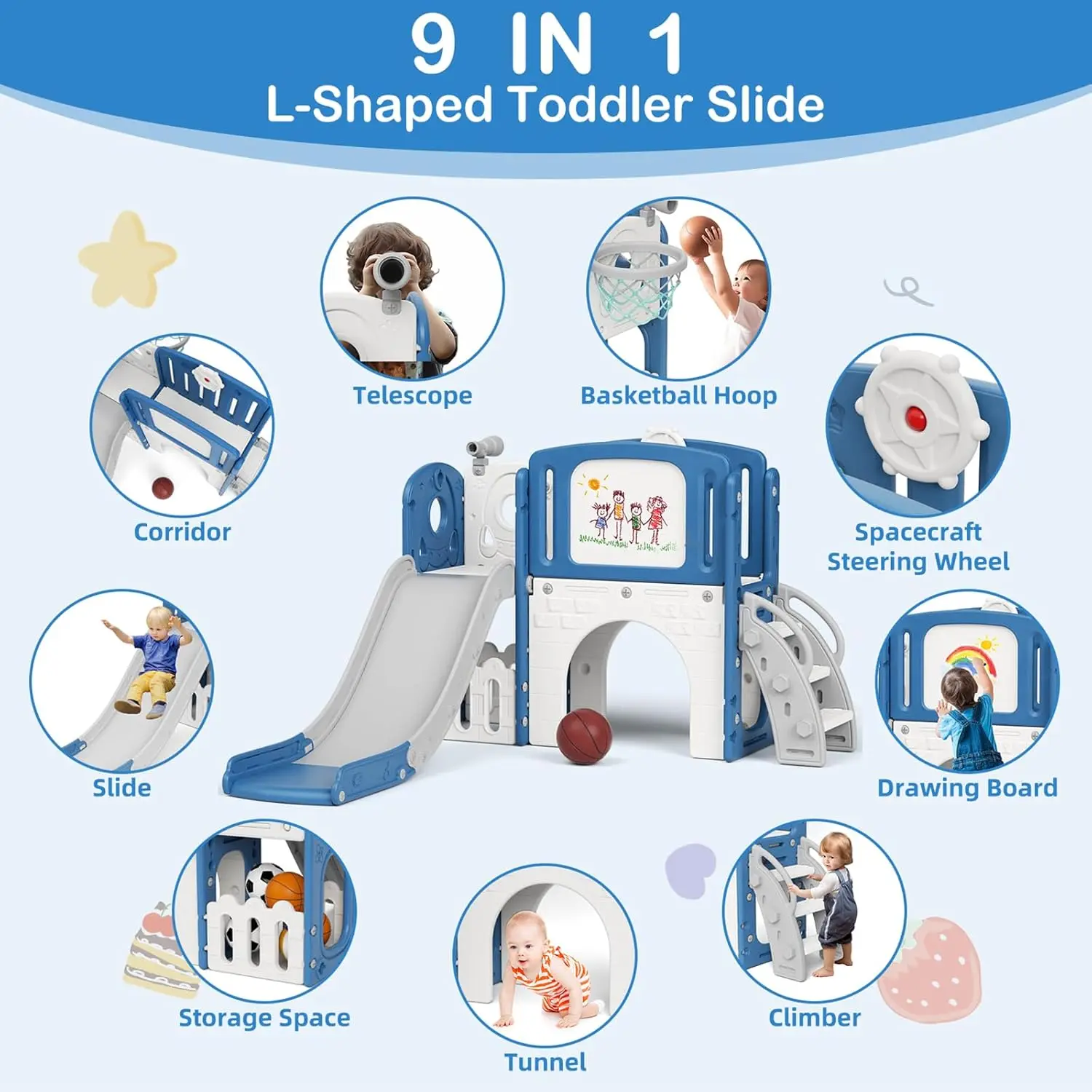 Toddler Slide 9 in 1 Outdoor Playset Playground Indoor Kids Baby Slides for Toddlers Age 1-3 with Climber Basketball Hoop Telesc