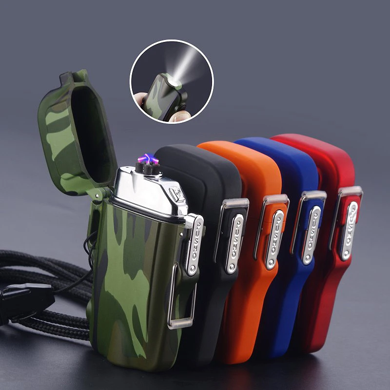 Outdoor Camping Wandern Wasserdicht Winddicht USB Aufladbare Elektrische Feuerzeug Led-leuchten Mit Lanyard