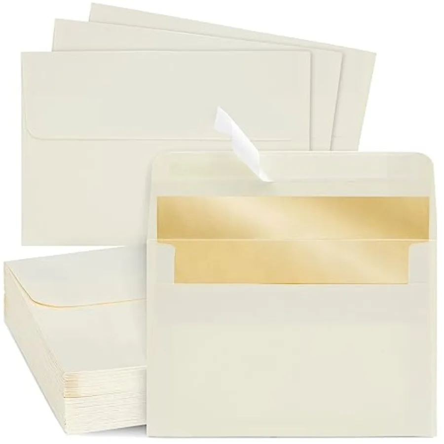 

50 Pack A6 Gold Foil Lined Envelopes, 4.25x6.25 Inch, with Peel and Seal, 120GSM Printable Mailing Envelopes for Wedding and Bi
