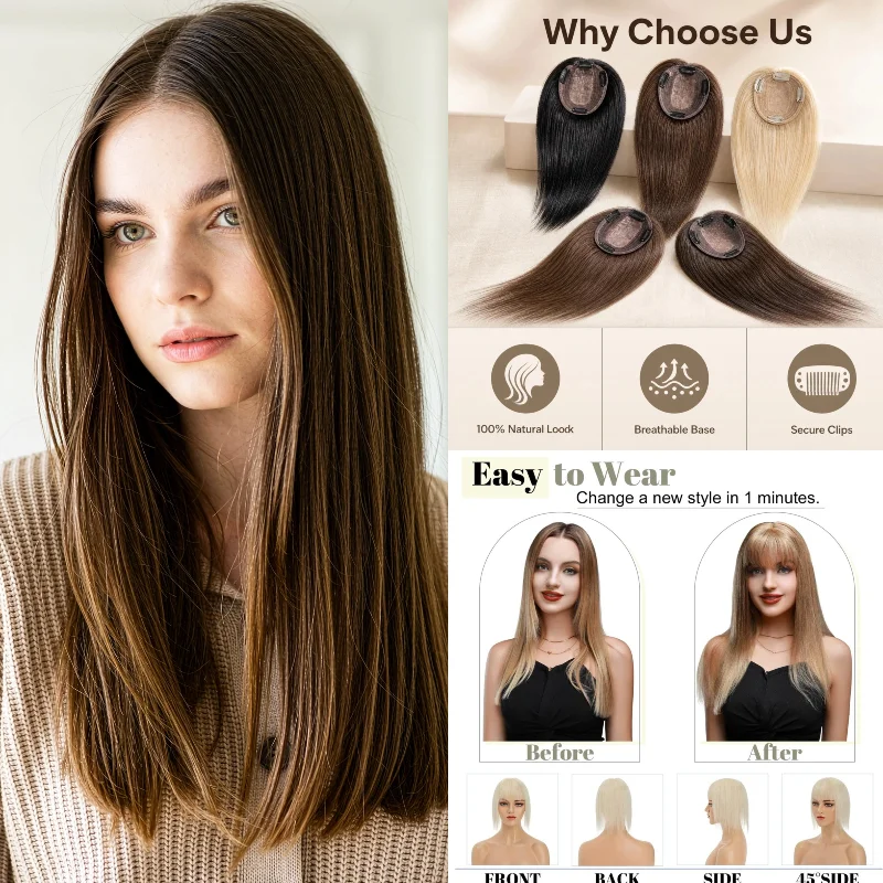 人毛レミーヘアウィッグ、前髪付き、9x14cm、35cm、ストレート、クリップ式ヘアピース-4-30-カバーヘアライン-特別イベント-ドロップシッピング
