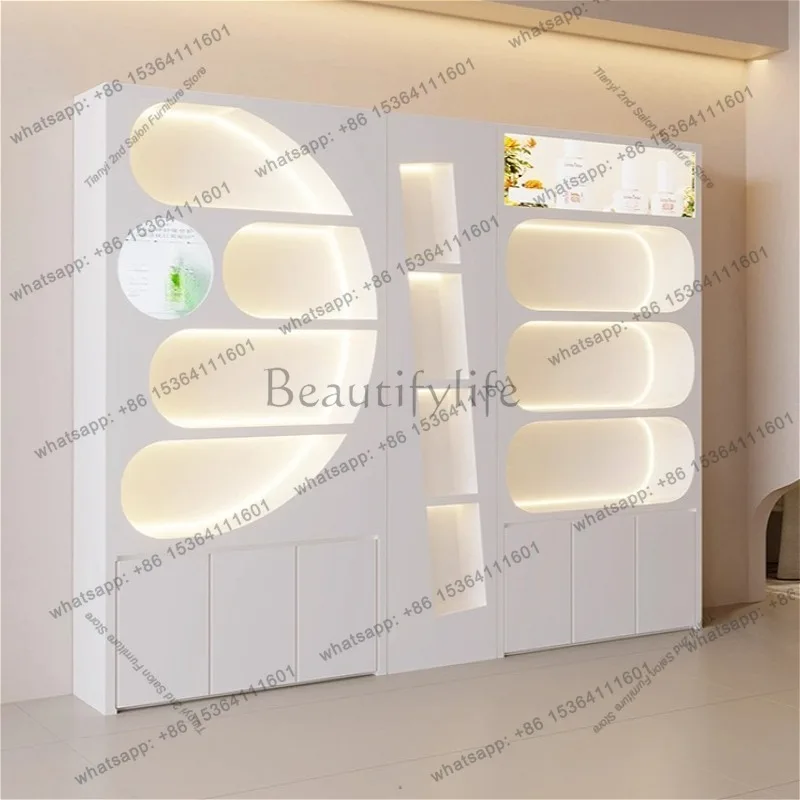 LJY Nordic Cream Style Cosmetics Display Cabinets Modern Beauty Salon Skin Care Products Rack Shelf Art Storage Rack Furniture F