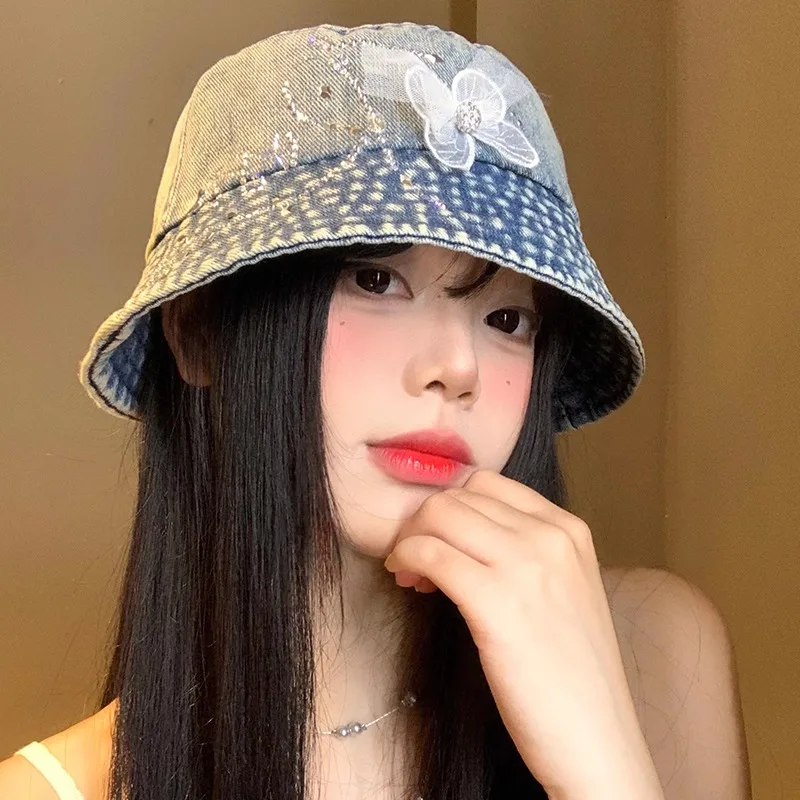 

Korean Lace Butterfly Washed Denim Bucket Hat Women's Spring and Autumn Letters with Diamonds Fashion Short Brim Panama Bob Cap
