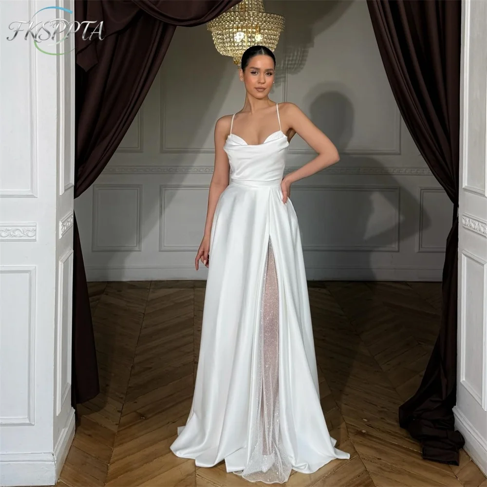 Charming White Long A Line Wedding Dress Spagehtti Straps High Split Bling Tulle Satin Elegant Bridal Gowns For Wedding Party