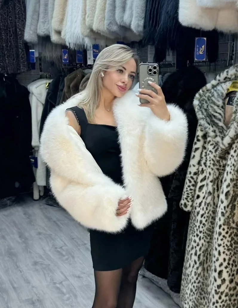 Veste de luxe en fausse fourrure pour femmes, manteau chaud à revers, taille haute, coupe ample, Streetwear de banlieue, hiver 2025