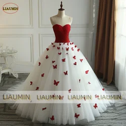 New White Red Tulle Sweetheart With Train Butterfly Applique Prom Wedding Formal Dress For Evening Lace Up Back Custom A1-16.2