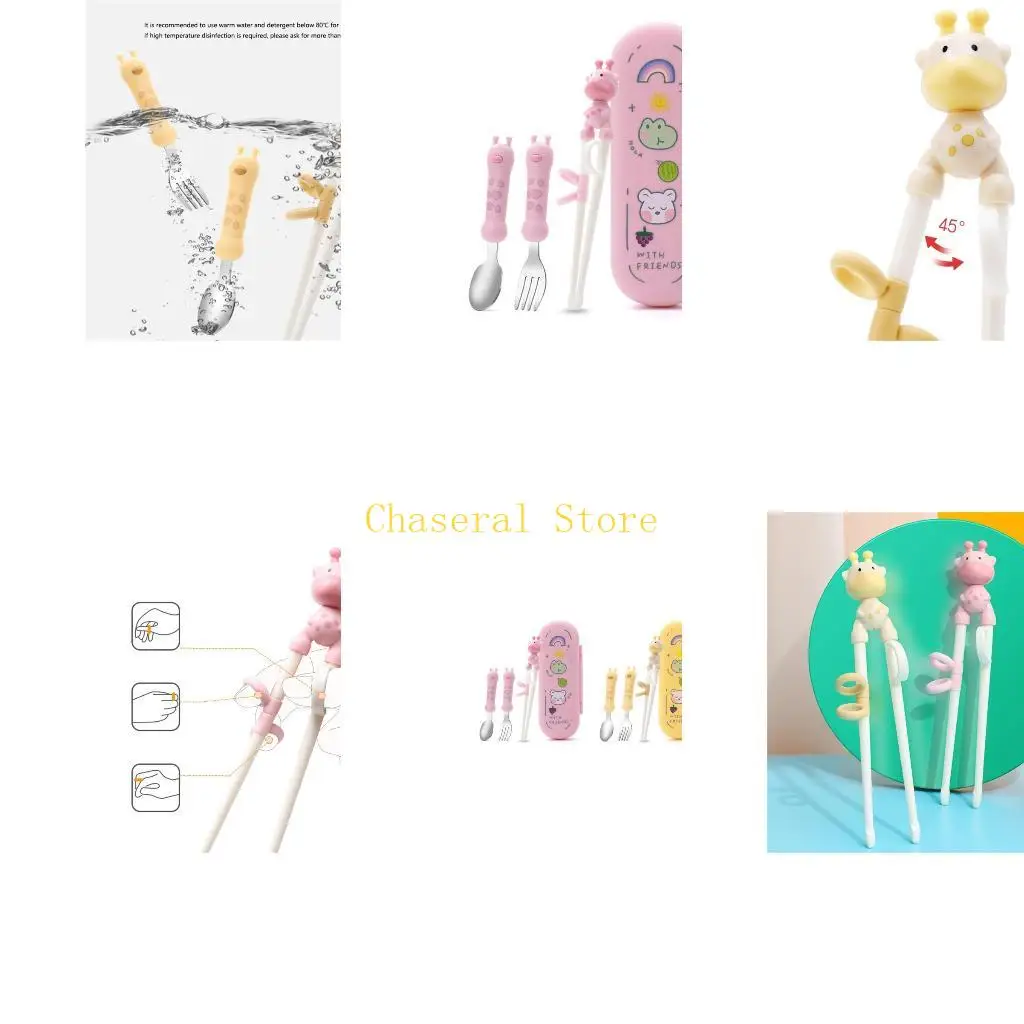 E7CE 4Pcs Cartoon Deer Training Chopsticks Stainless Steel Spoon Fork Feeding Learning Helper Set with Storage for