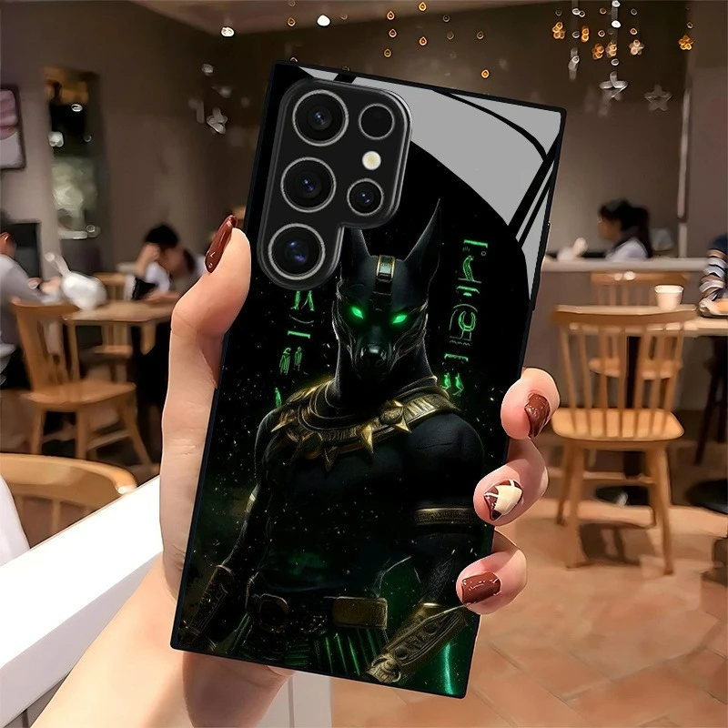 Премиальный стеклянный чехол с узором «Темный воин Анубис» для Galaxy S26/S25/S24/S23 Ultra/S22 Ultra/S20 Ultra/56/A72/A73 5G