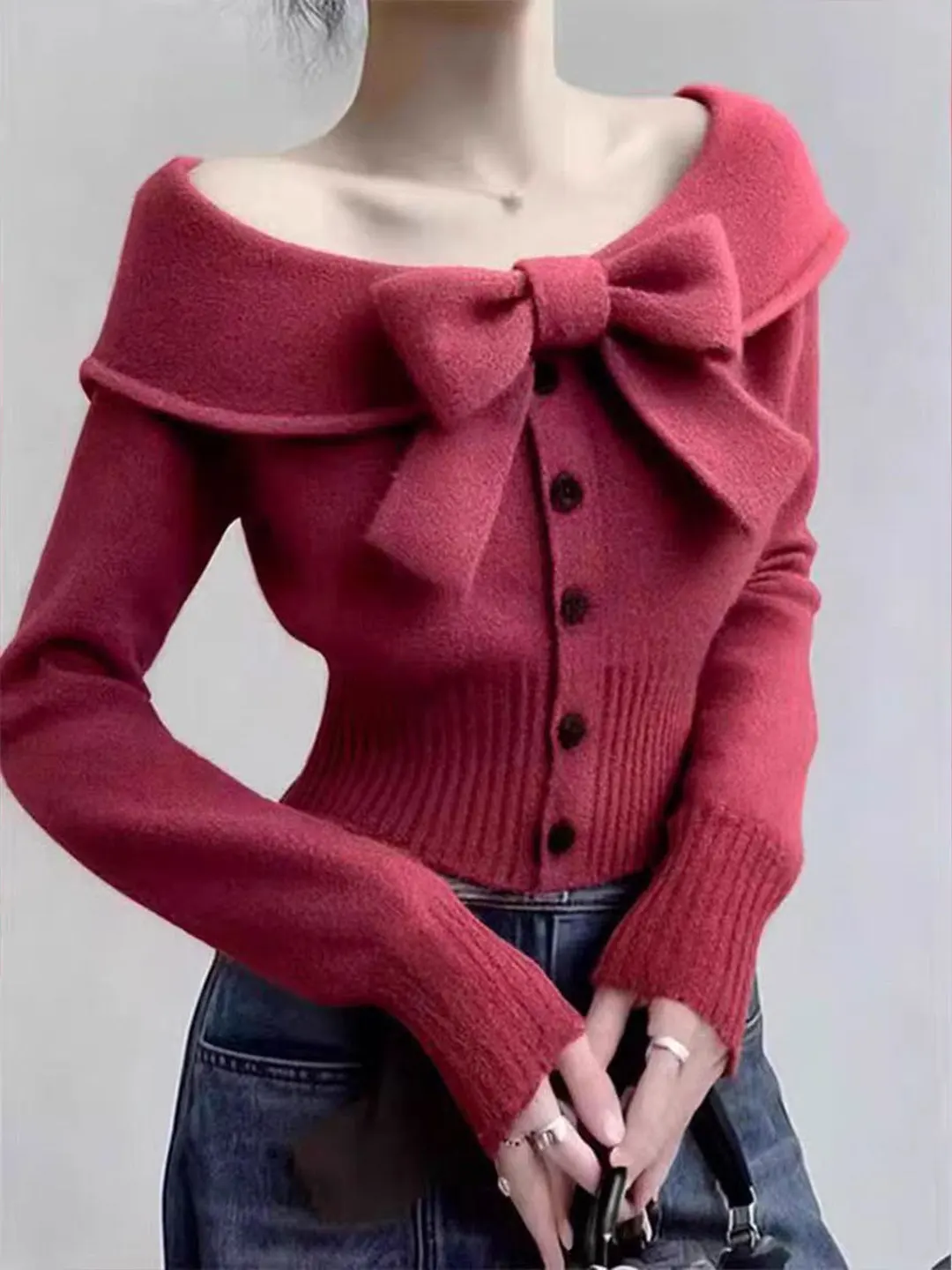 

High-End European Sle Long Sve Knitted Sweater Cherry Red One-oulder Women's Winter Faion Soft Warm Comfortable Fit