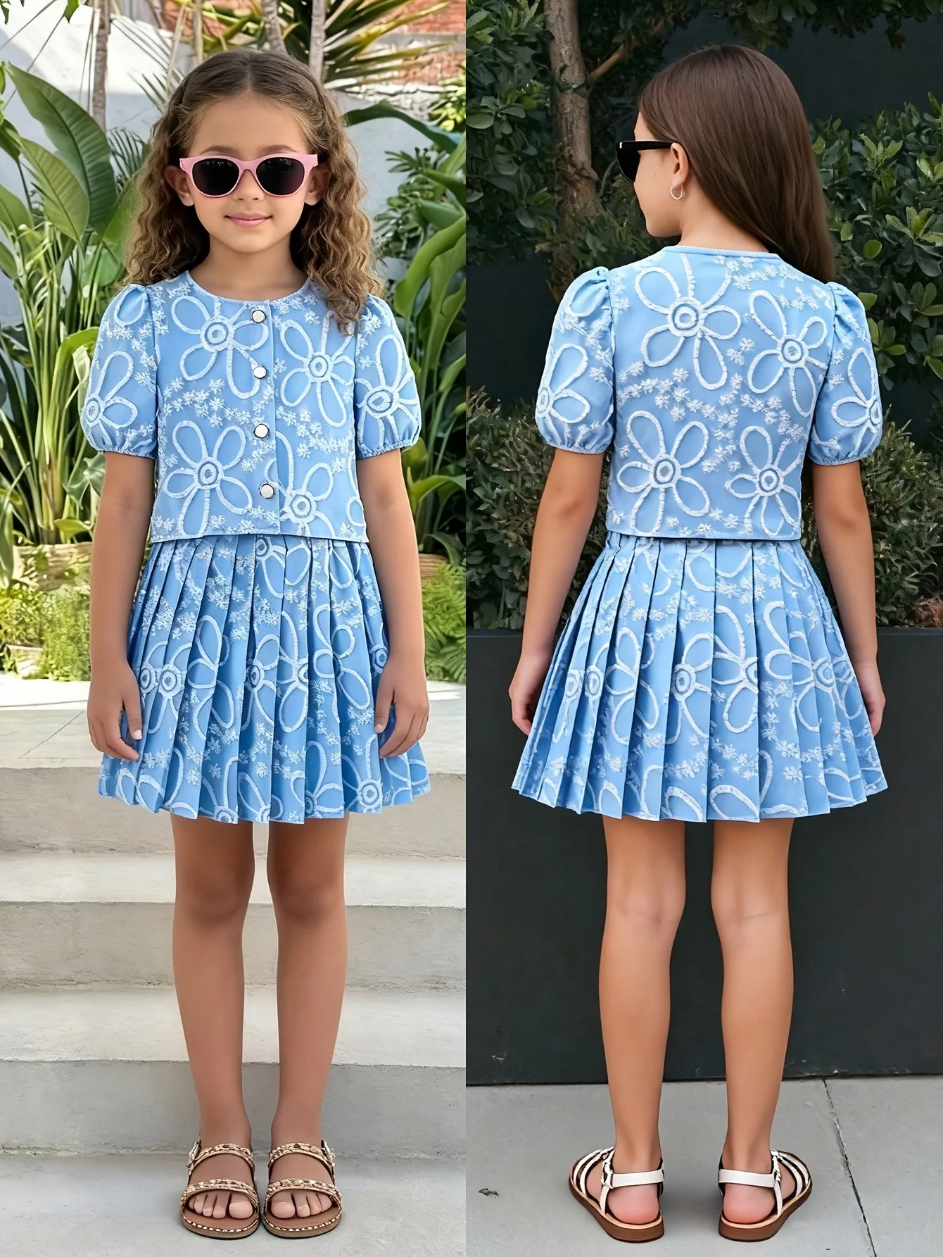 Trendy Girls 2Pcs Co-Ord Dress Suit, Light Blue 3D Flower Embroidery Puff Sleeve Top, High Waist Pleated Skirt for Resort Kids O