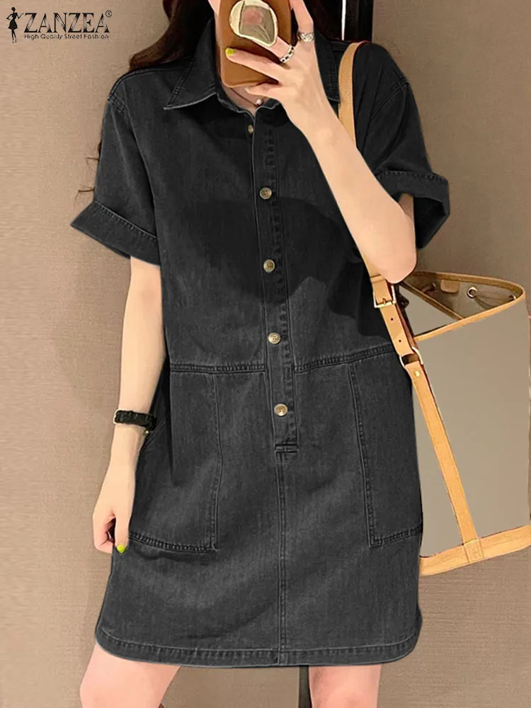 ZANZEA Women Denim Shirt Dress 2024 Summer Short Sleeve Korean Sundress Vintage Turn Down Collar Robes Casual A Line Dresses