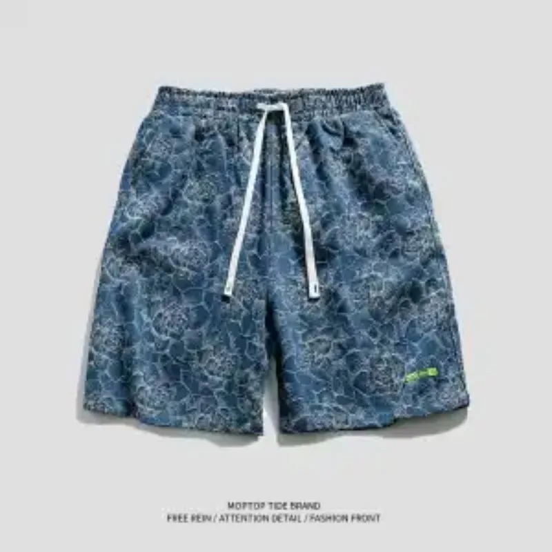 

Unisex American Retro Rose Jacquard Denim Shorts Streetwear Hip Hop Straight Leg Five-Pocket Casual Shorts