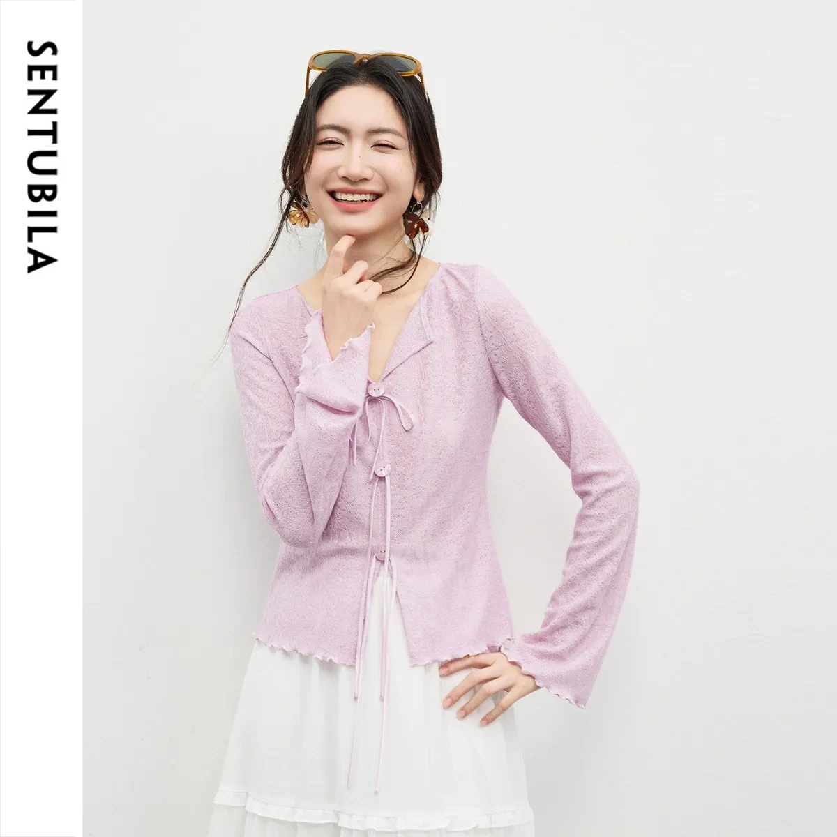 

SENTUBILA Women Elegant Long Sleeve Blouse 2026 Summer V-Neck Flare Sleeves Tie Front Cardigan Casual Slim Fit Top 161TA5045