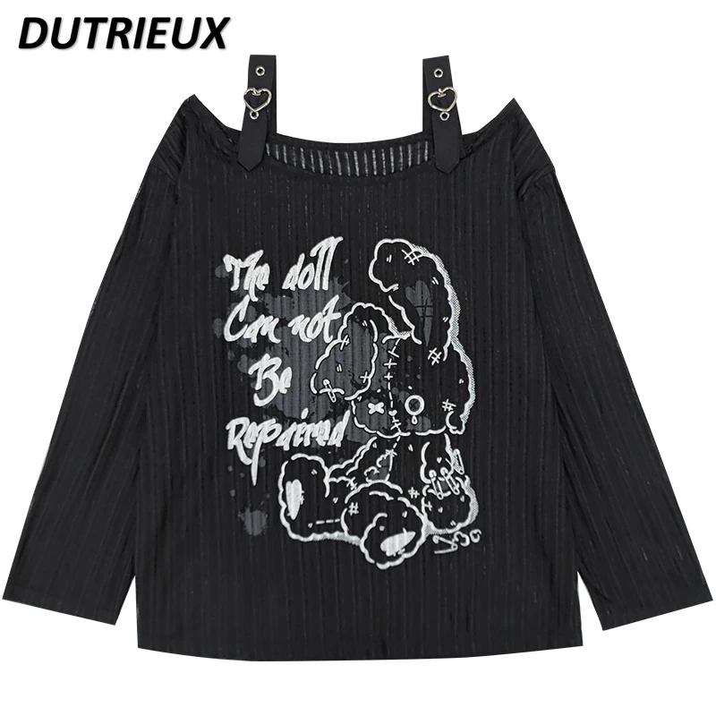 Spring and Autumn New Black Sweet Loose Long Sleeve T-shirt Ripped Cartoon Printed All-Matching Off-Shoulder Tops T Shirt