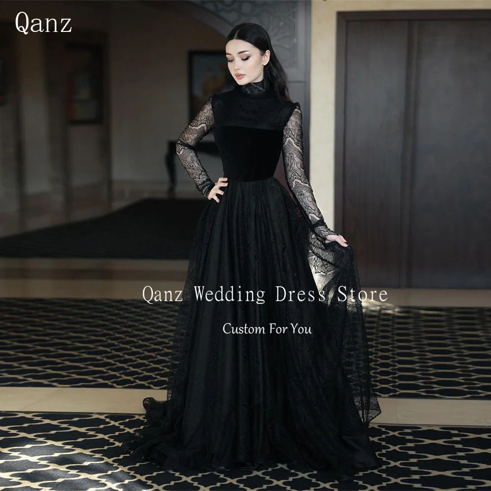 Qanz gaun malam hitam lengan panjang Arab Saudi, gaun acara Formal garis A Tulle disesuaikan leher tinggi renda