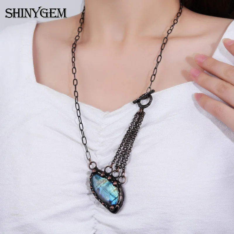 

SHINYGEM Labradorite Shape Random Plated Bronze Color Pendant Multi-Layer Jewelry Necklace Ladies Banquet Gift