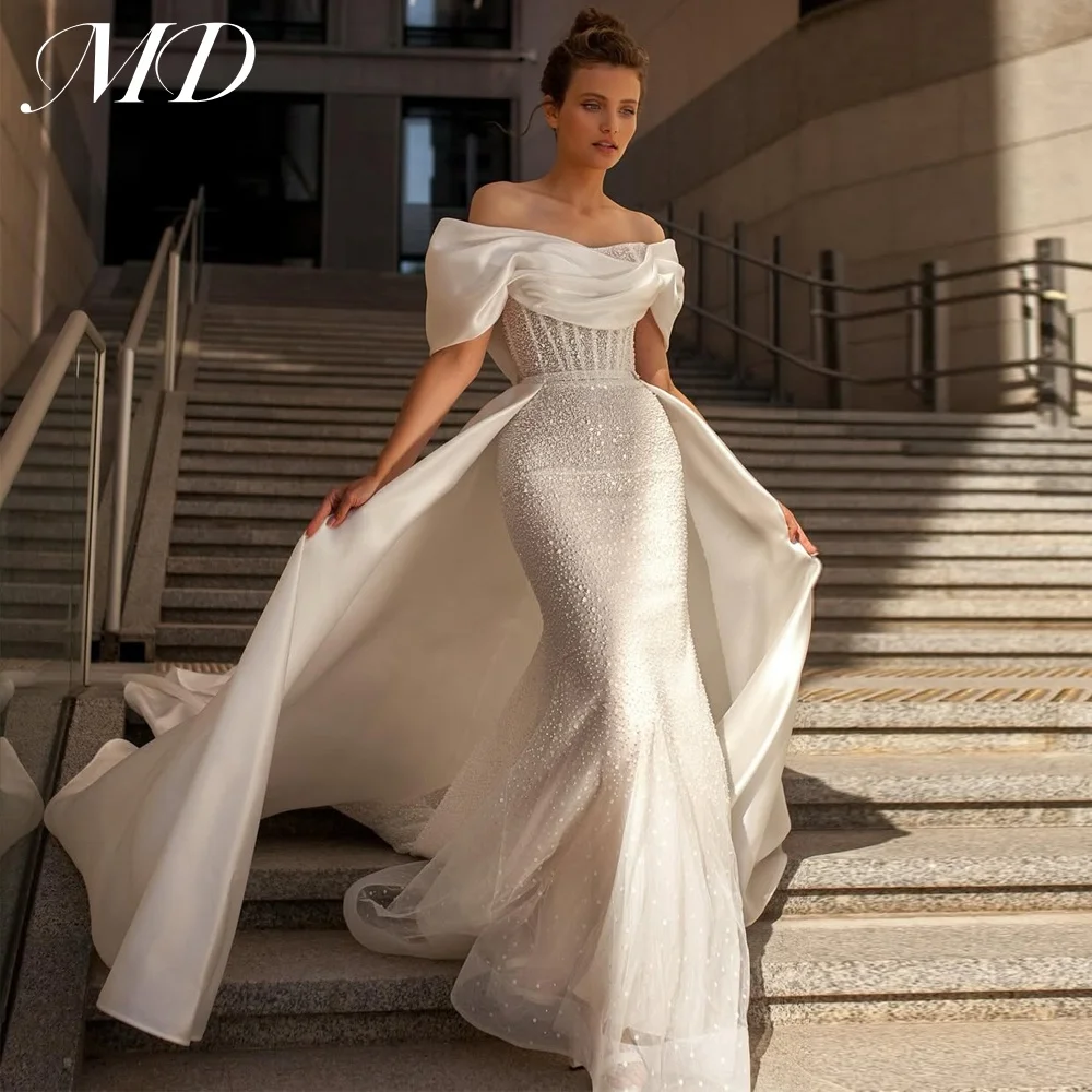 

MD 2025 Luxury Mermaid Beading Lace Wedding Dresses Off Shoulder Removable Stain Tail Bride Gowns vestidos de novia Customized