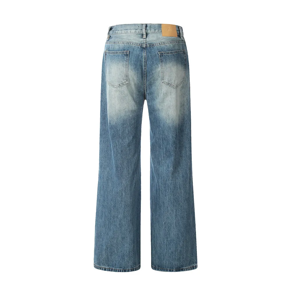 MWJLPWQ Kleurblok Spray Paint Washed Denim Rechte broek Heren High Street Amerikaanse INS Casual jeans Wijde pijpen broek 12321
