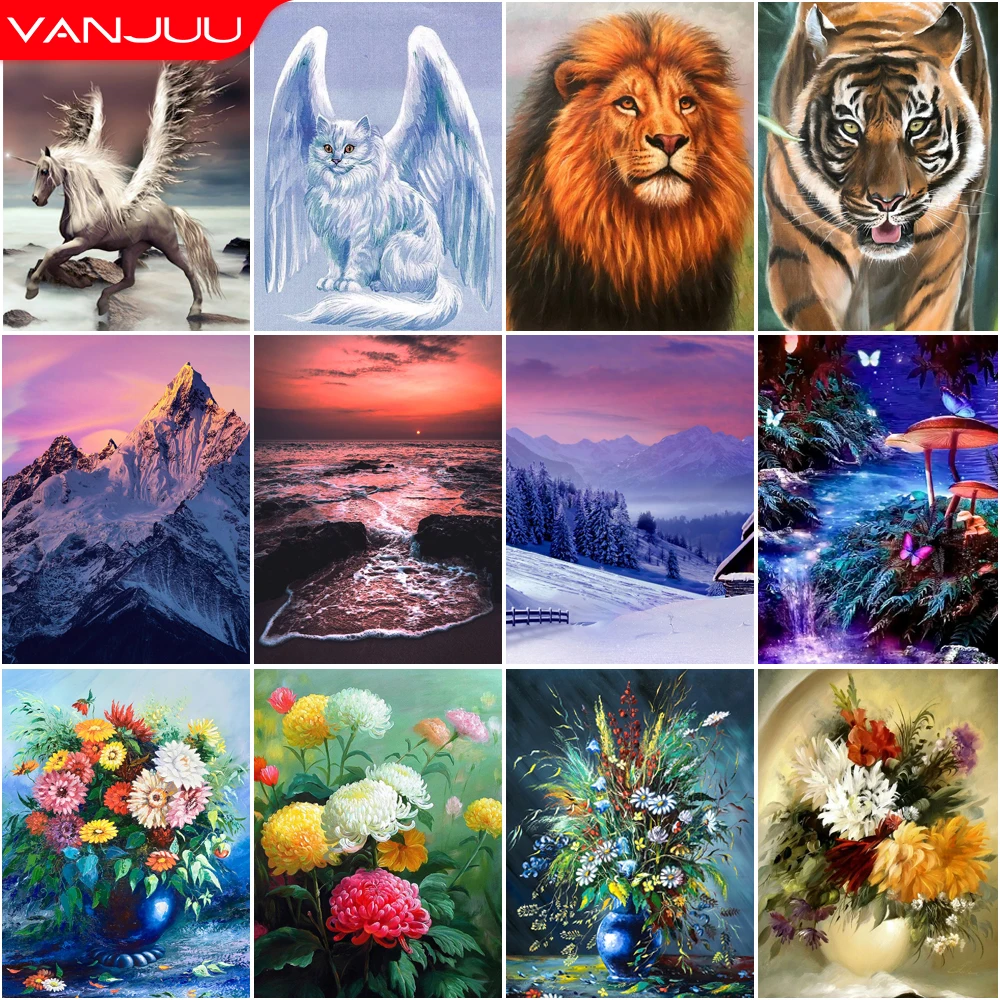 Landscape 5D Diamond Painting Colorful Flowers Cat DIY Diamond Painting Mosaic Full Drill Diamond Embroidery Painting Home Decor