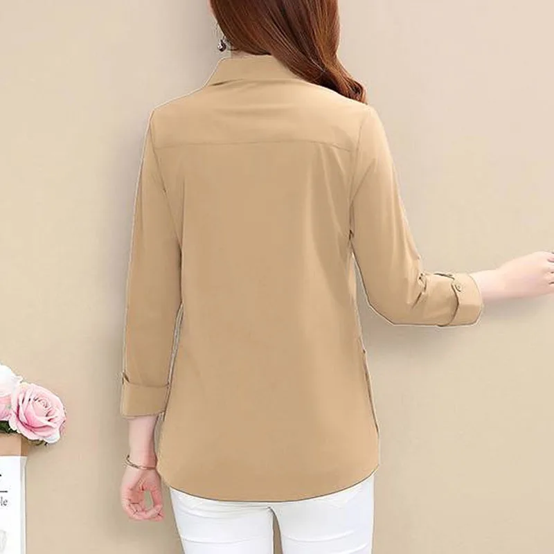 Korean Solid Color Casual Ladies Clothes 2023 Spring New POLO Collar Tops Women Single Breasted Long Sleeve Shirt