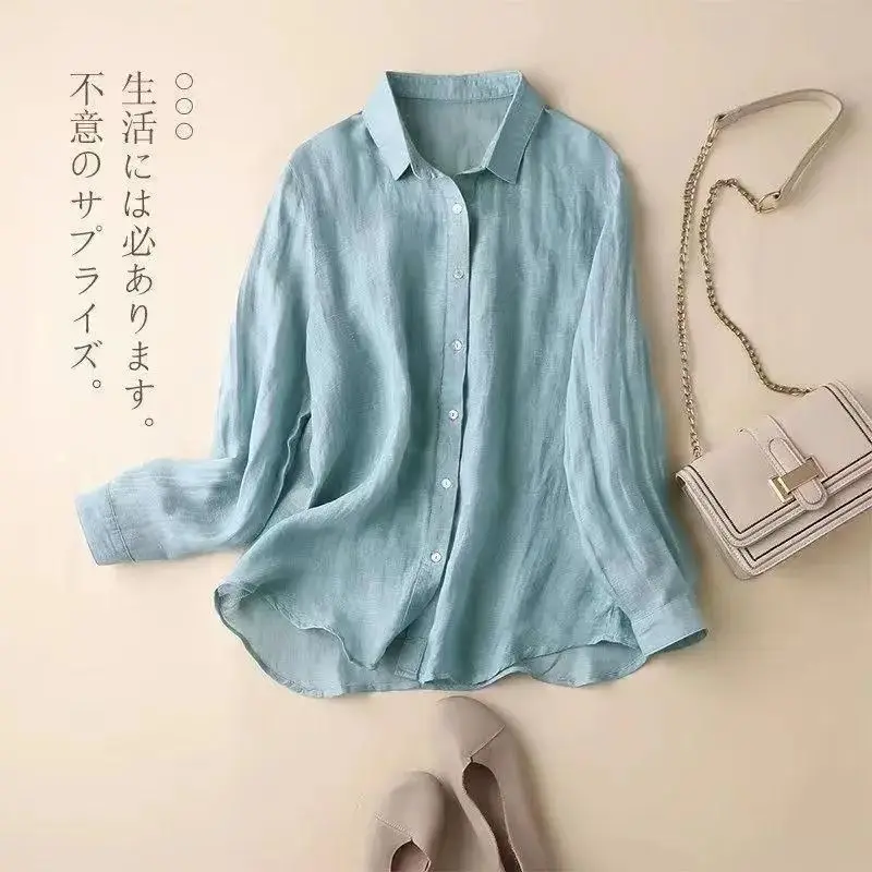 Spring Autumn New Fashion Elegance Cotton Linen Solid Shirts Polo Neck Long Sleeve Loose Button Thin Style Simplicity Blouses