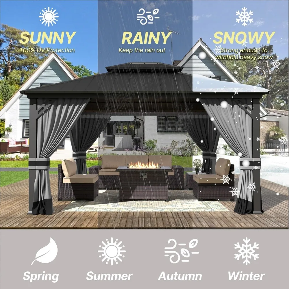 12' X 14' Hardtop Gazebo with Curtains and Netting, Double Roof Iron Metal Pergola for Patio