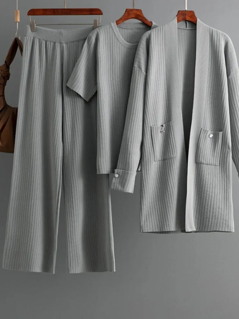 

Autumn and winter short sleeved top, mid length cardigan jacket, wide leg pants three piece set