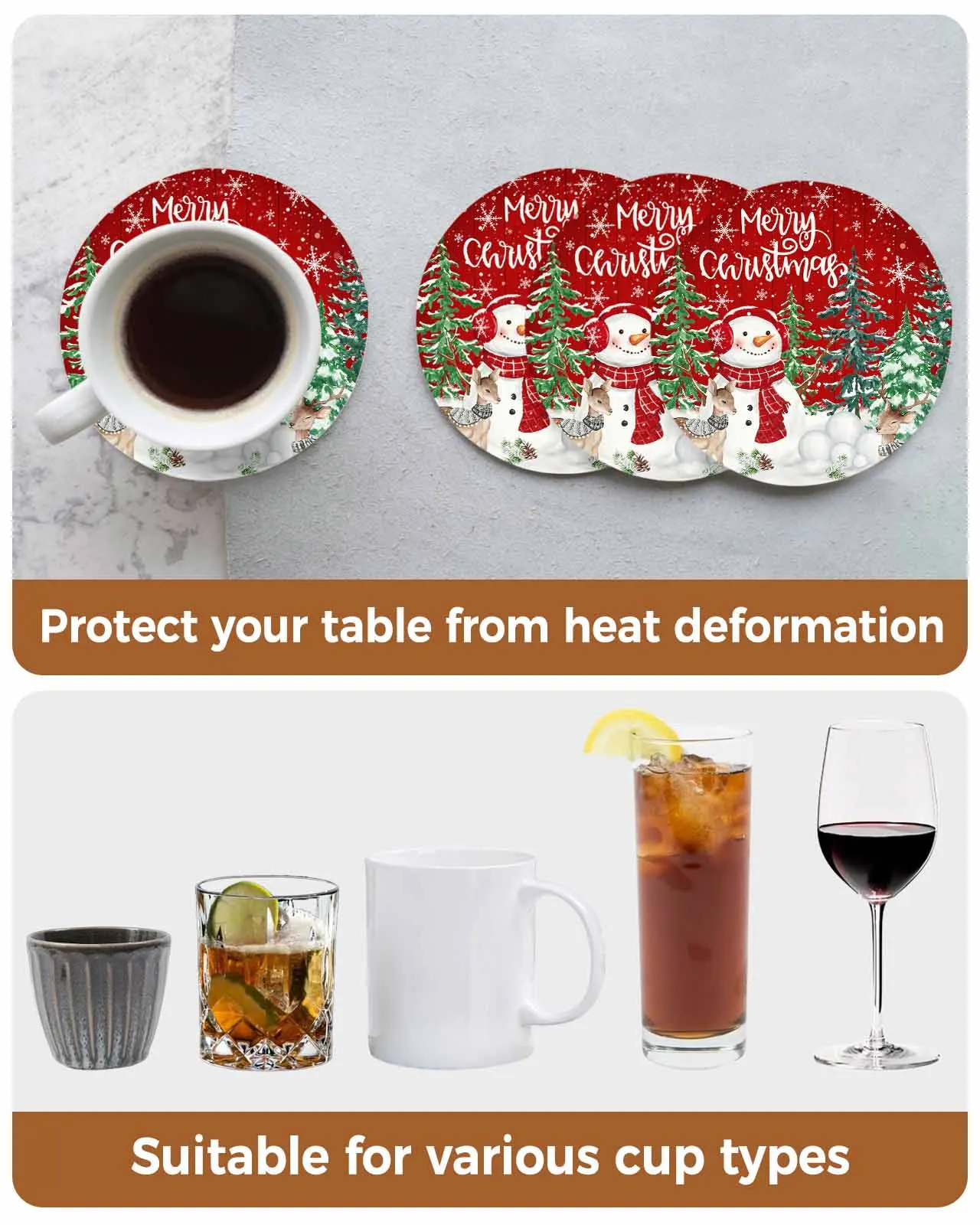 Red Snowman Christmas Tree Snowflake Deer Round Coaster Coffee Table Mats Kitchen Accessories Absorbent Ceramic Coasters