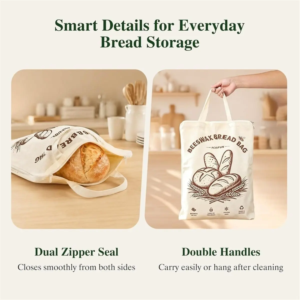 Wide-Opening U-Zipper Beeswax Bread Bag 2 Pack, Beeswax Bread Bags for Sourdough, Easy to Clean Reusable Bread Bag