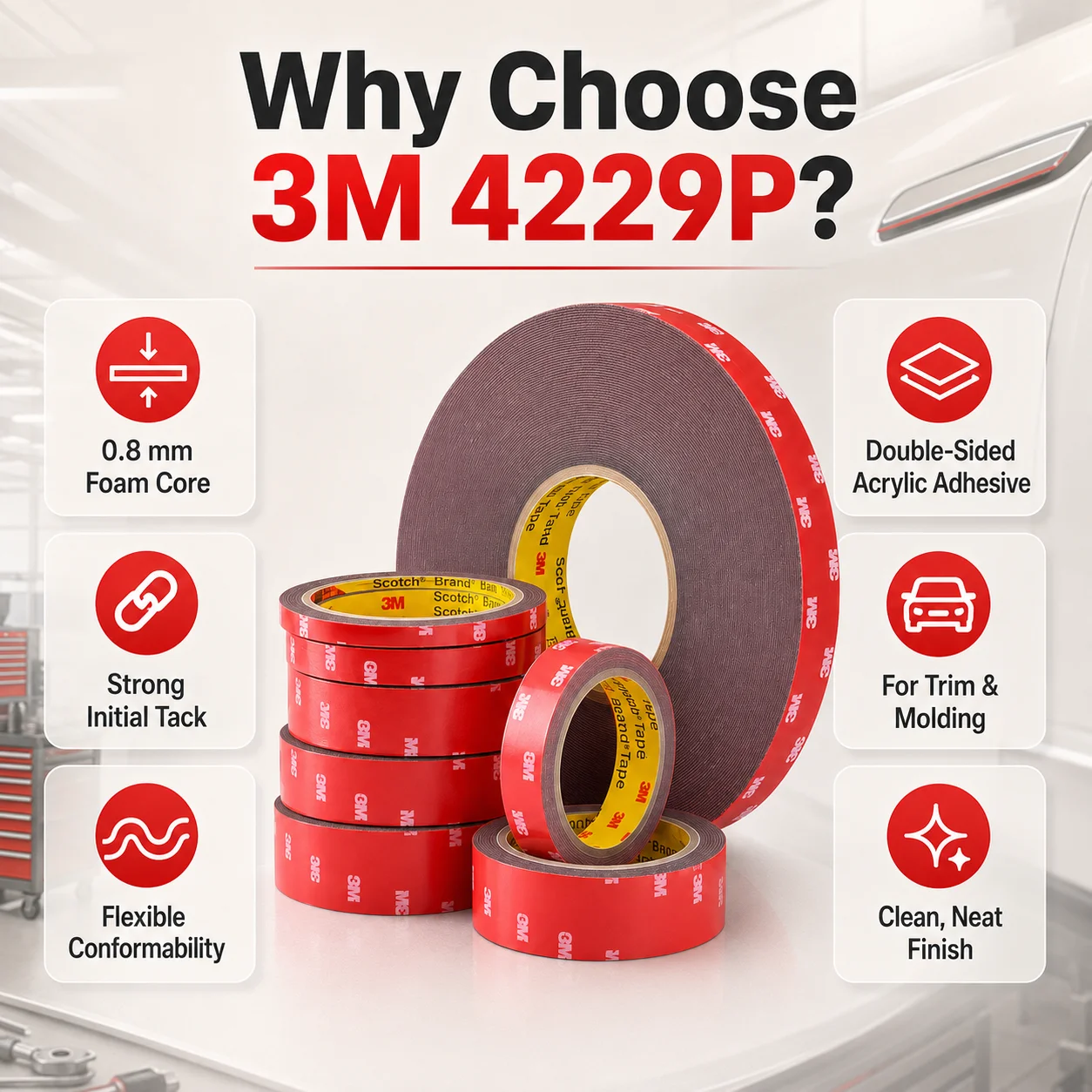 3M 4229P Double Sided Acrylic Foam Tape Strong Adhesive for Car Trim Molding Emblem Rain Guard 0.8mm x 3m