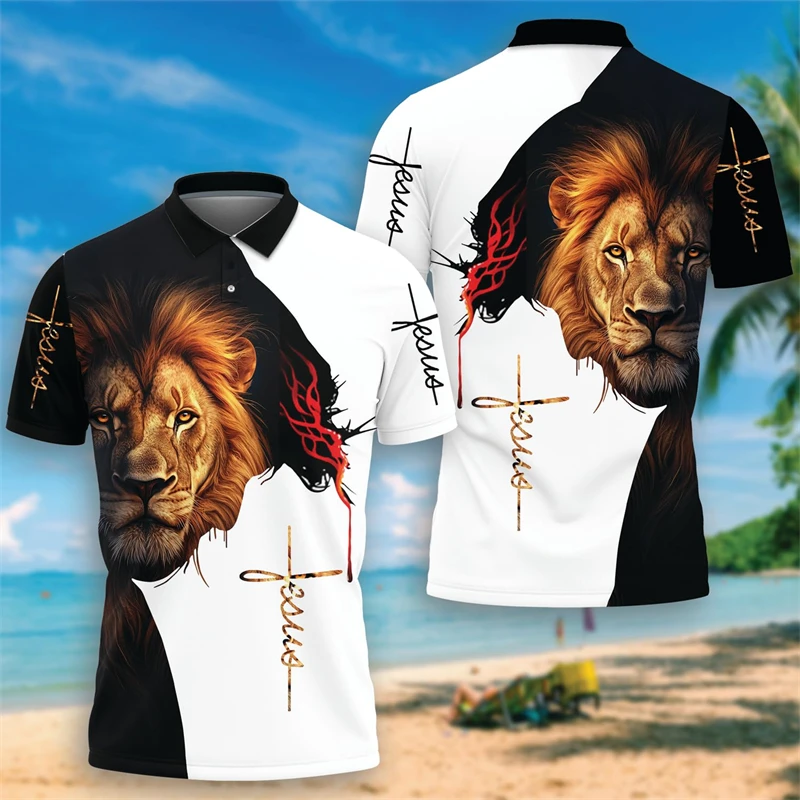 

Summer men's polo Lion Graphic Polo Shirts For Men Clothes God POLOs Shirt Harajuku Fashion Cross Short Sleeve Casual Unisex Tee