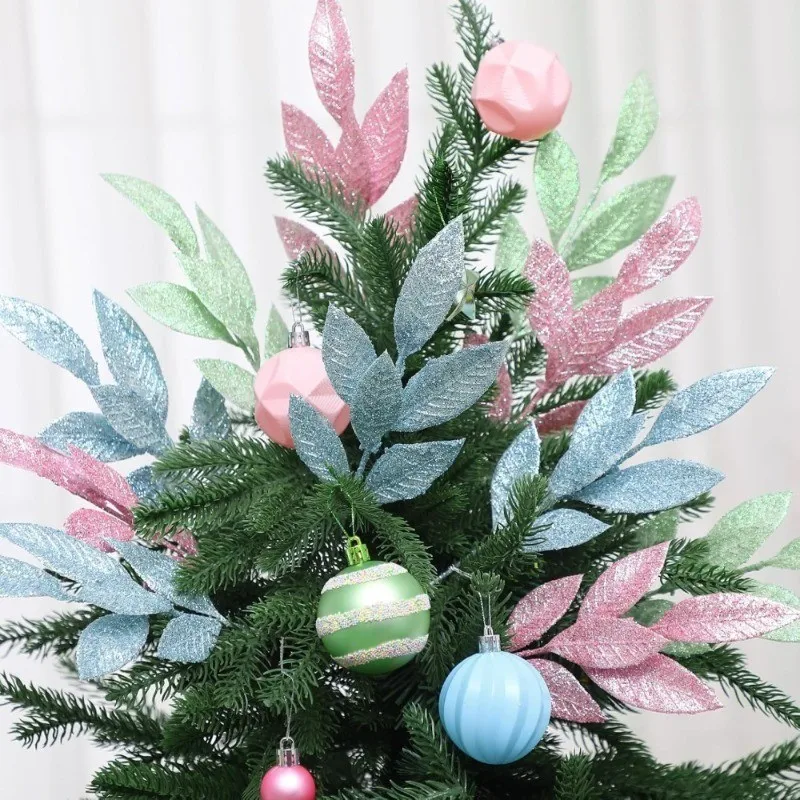 3/12 Stück Rosa Glitzernde Blätterzweige Künstliche Stiele für Weihnachtsbaum DIY Kranz Hochzeitstisch-Dekoration Winterparty-Deko – Detail 11