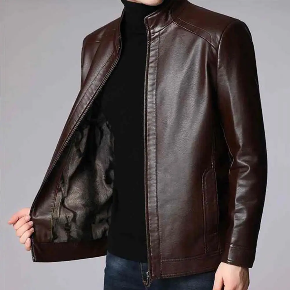 Men Jacket Faux Leather Zipper Closure Windproof Thick Soft Plush Motorcycle Coat Outwear Autumn Winter Men's Jacket