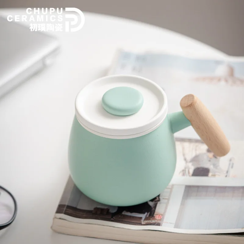 

Wooden Handle Mug with Lid Ceramic Filter Tea Cup for Women Home Office Tea Water Separation Personal Tea Brewing Cup