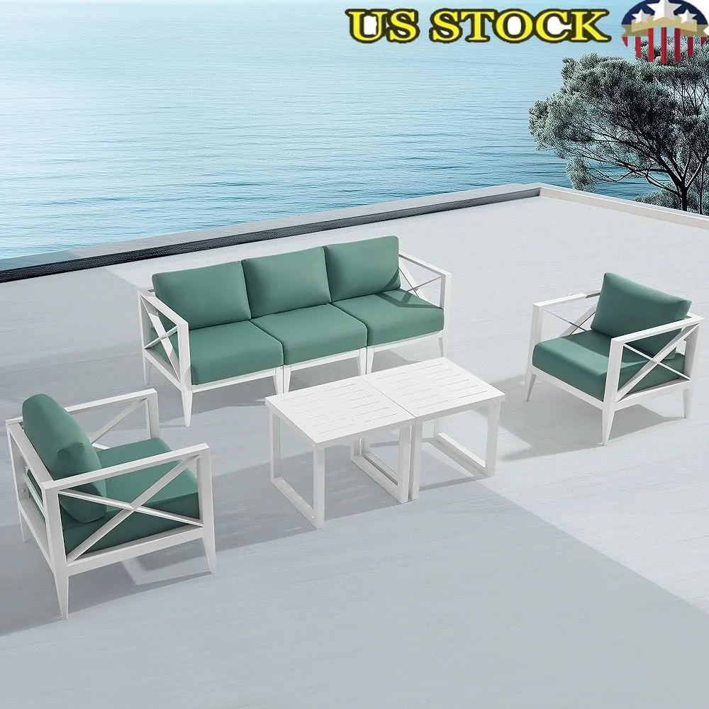

Outdoor Aluminum Patio Furniture Set 5-Seater Sofa with 2 Coffee Tables Weather-Resistant Cushions Durable Garden Pool Balcony