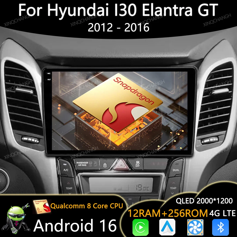 Android 16 Car Radio For Hyundai I30 Elantra GT 2012 2013 2014 2015 2016 Head Unit Navigation 2DIN Carplay Auto GPS Qualcomm BT