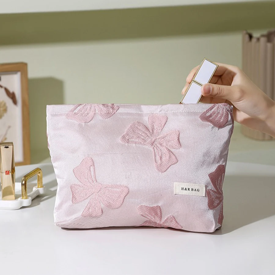 Fiocco rosa per borsa da trucco da donna borsa per cosmetici di grande capacità pochette portatile borsa da toilette per pendolari custodie per