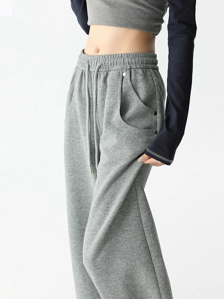 Calça de moletom feminina de cintura alta e pernas largas primavera outono casual calças soltas com dois bolsos versátil diária