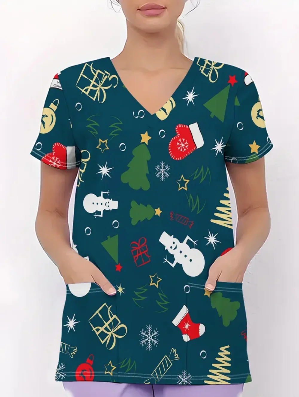 Nurse Uniform Woman Cute Cartoon Print Veterinary Uniform Summer Quick-Dry V-Neck Short Sleeve with Pockets Tops Women's Scrub