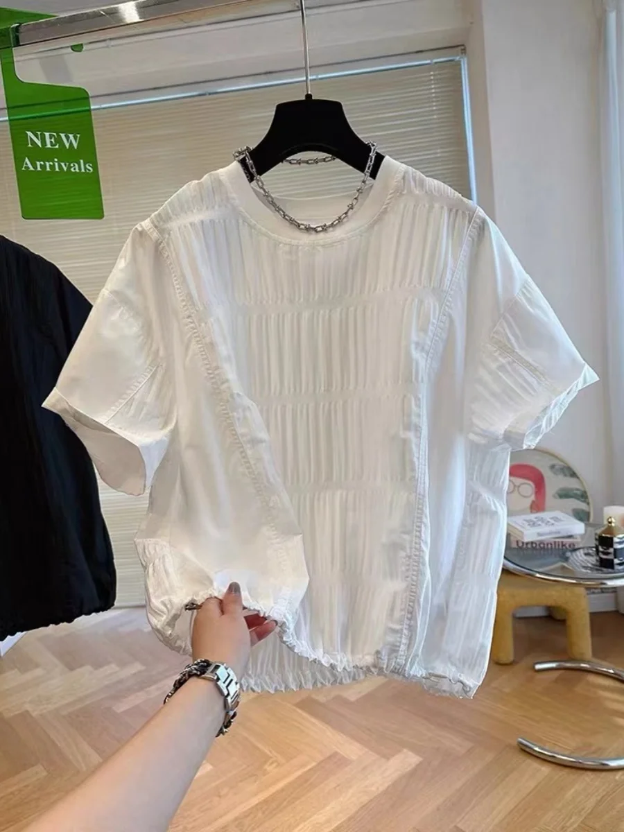 Loose Women's White Shirt Short Sleeve Pleated Design Fashionable Doll Top Brand Tailored Goods Small Audience Design Sense