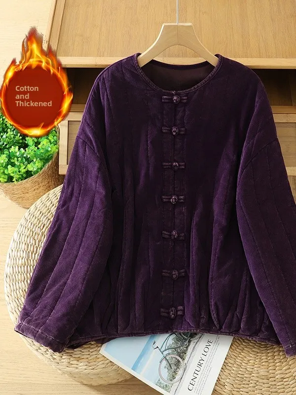 

High-End Retro Artistic Cotton Jaet Autumn Winter New Sle Vintage Proced Fine Corduroy Button Pumpkin Design Ladies Coat