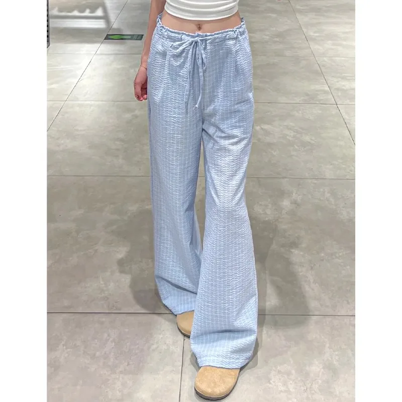 

Синие повседневные брюки в клетку, женские летние новые свободные драпированные широкие брюки с высокой талией и тонким дизайном