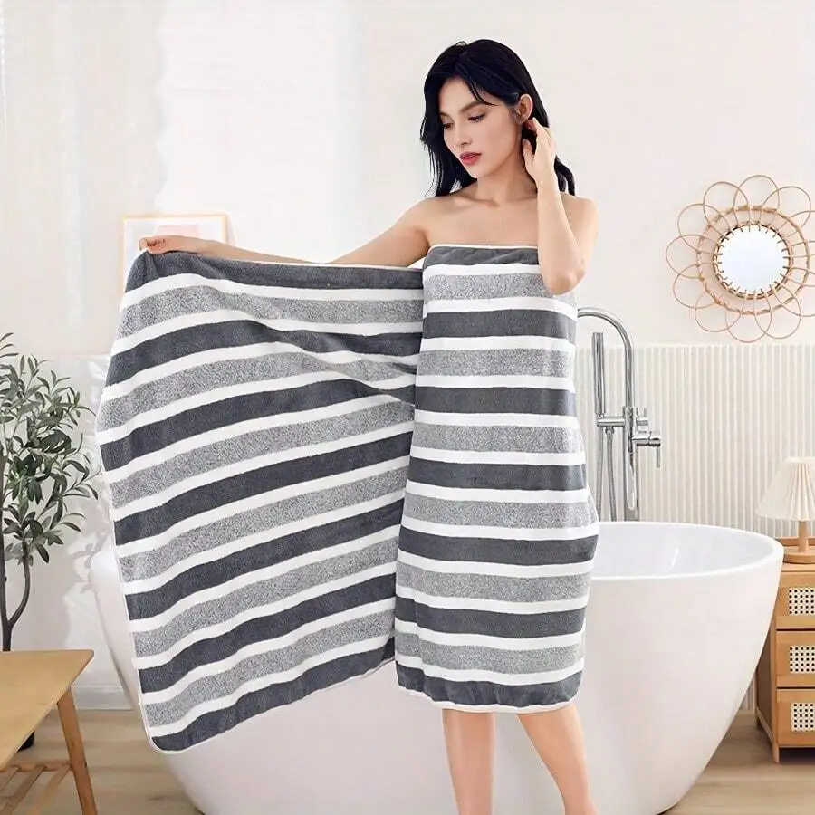 

[Extra Large Coral Fleece Towel] Extra Large Soft Coral Fleece Bath Towel, High Absorbency Polyester Blend, Striped Design, Multi-Purpose, Suitable For Home, Beach And Napping, Modern Style, Great For Adults Back To School For Beauty Salon Home Bathroom S
